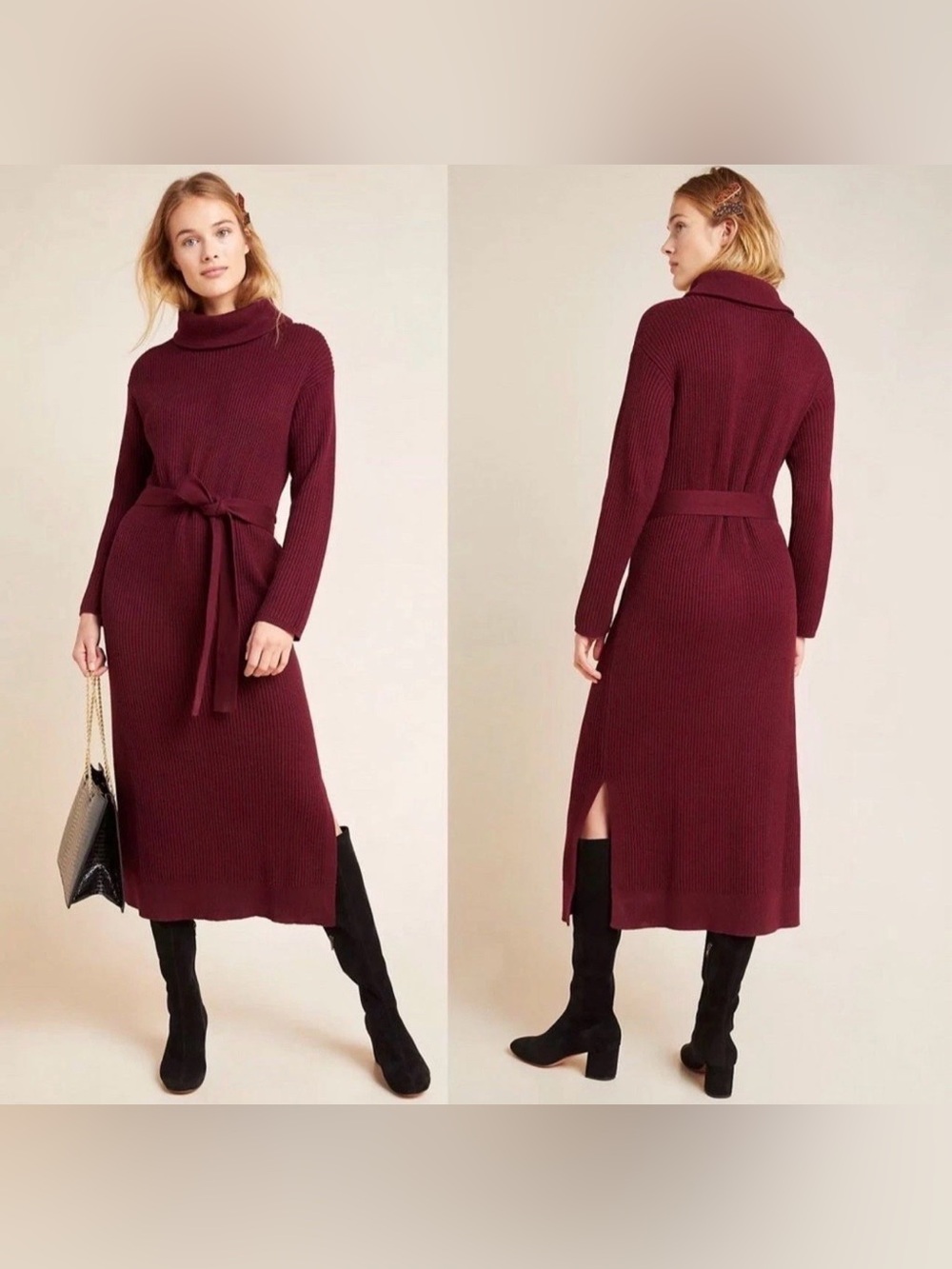 Anthropologie Carlotta Knit Turtleneck Maxi Sweater Dress Burgundy-M *No Belt*